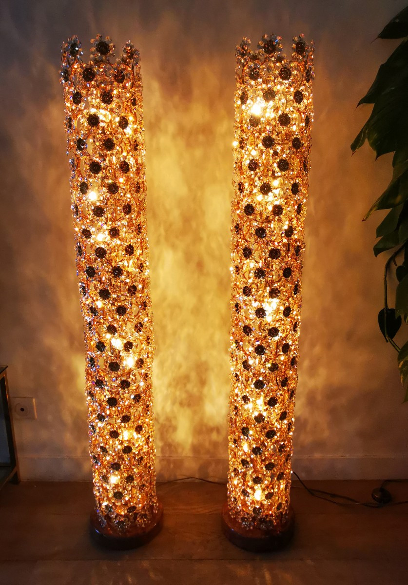 Cristallerie PALWA (Palme & Walter) - Paire de lampadaires laiton doré et cristal - vers 1960