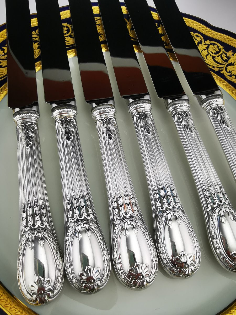 Odiot - "Louveciennes" - 6 Couteaux à Dessert (NEUF) - Argent Minerve-photo-2