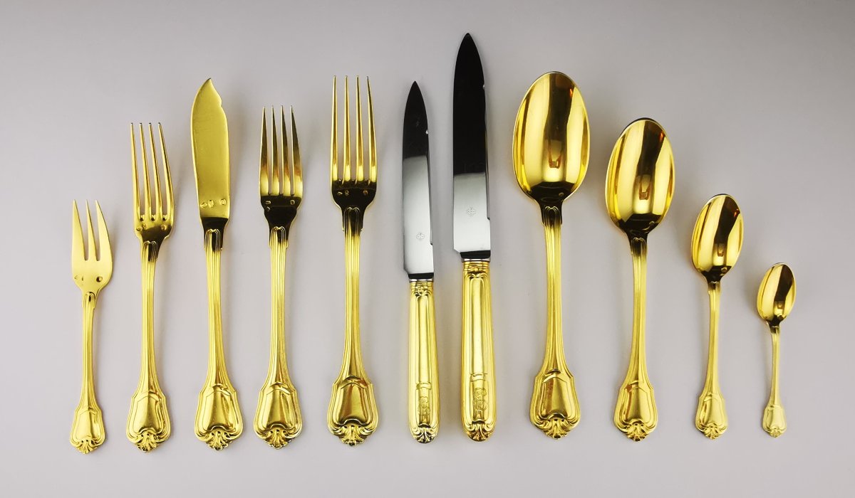 Christofle & Cardeilhac "Port Royal" - Argent Minerve Vermeil - Ménagère 12 pers (138 pcs)-photo-2