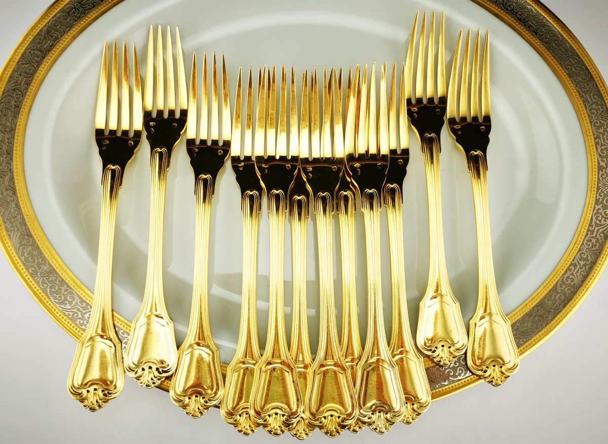 Christofle & Cardeilhac "Port Royal" - Argent Minerve Vermeil - Ménagère 12 pers (138 pcs)-photo-1