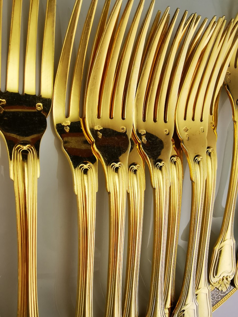 Christofle & Cardeilhac "Port Royal" - Argent Minerve Vermeil - Ménagère 12 pers (138 pcs)-photo-2