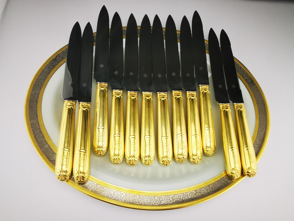 Christofle & Cardeilhac "Port Royal" - Argent Minerve Vermeil - Ménagère 12 pers (138 pcs)-photo-4