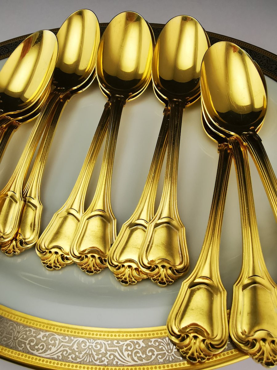 Christofle & Cardeilhac "Port Royal" - Argent Minerve Vermeil - Ménagère 12 pers (138 pcs)-photo-6