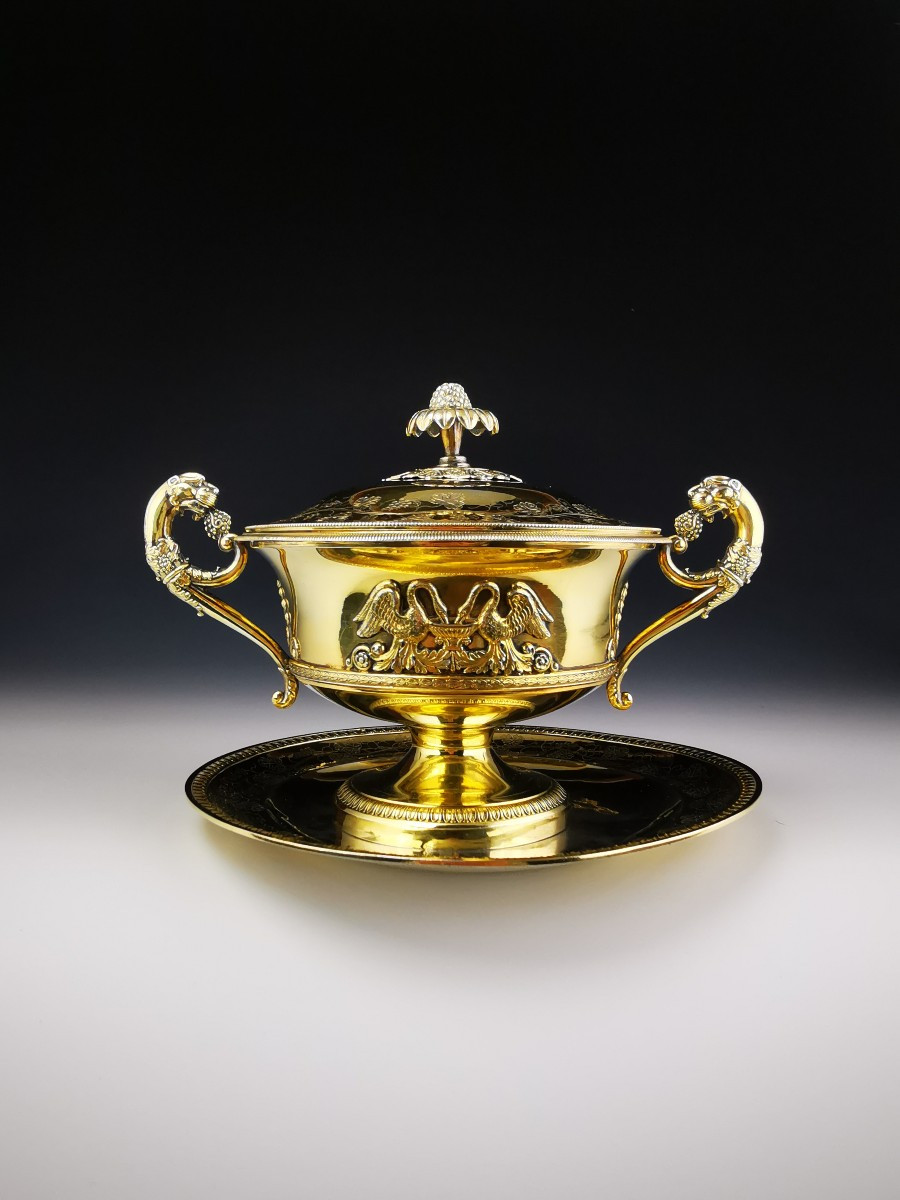 Sucrier couvert en argent massif vermeil - Époque Restauration / Empire