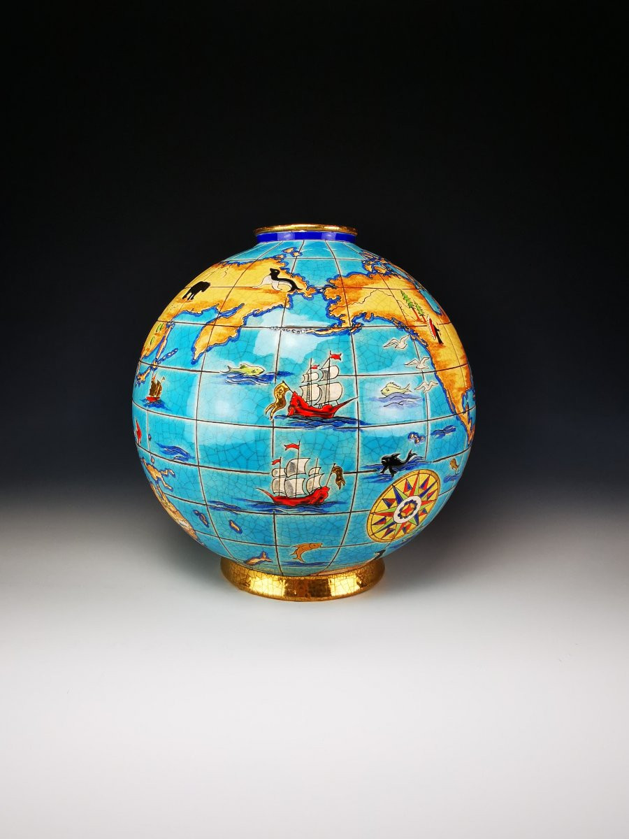 LONGWY - Vase Boule Coloniale "Mappemonde" -M.P Chevalier -Ø 25 cm -Tirage limité -Etat parfait-photo-2