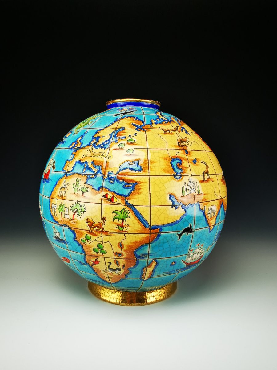 LONGWY - Vase Boule Coloniale "Mappemonde" -M.P Chevalier -Ø 25 cm -Tirage limité -Etat parfait-photo-3