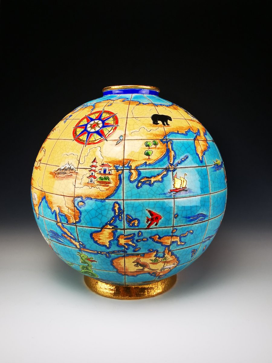 LONGWY - Vase Boule Coloniale "Mappemonde" -M.P Chevalier -Ø 25 cm -Tirage limité -Etat parfait-photo-4