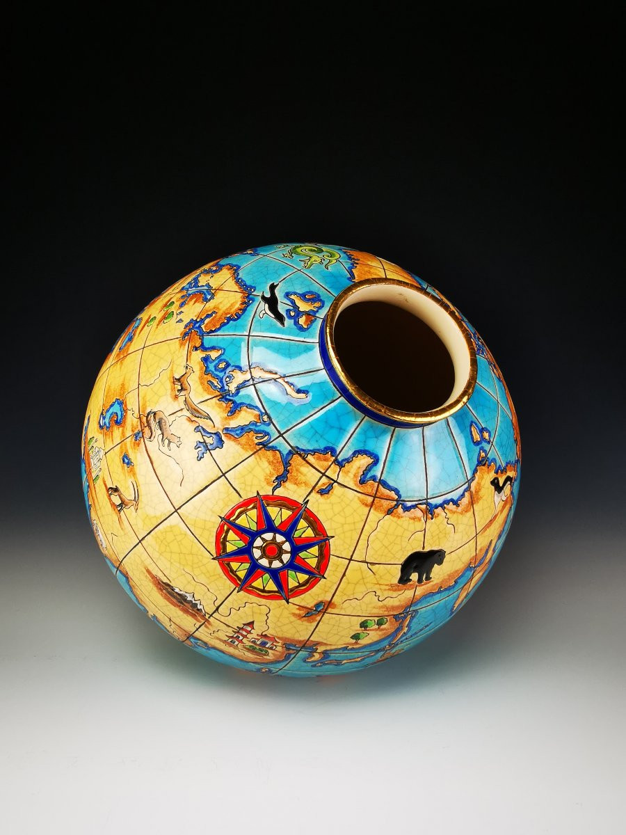 LONGWY - Vase Boule Coloniale "Mappemonde" -M.P Chevalier -Ø 25 cm -Tirage limité -Etat parfait-photo-1