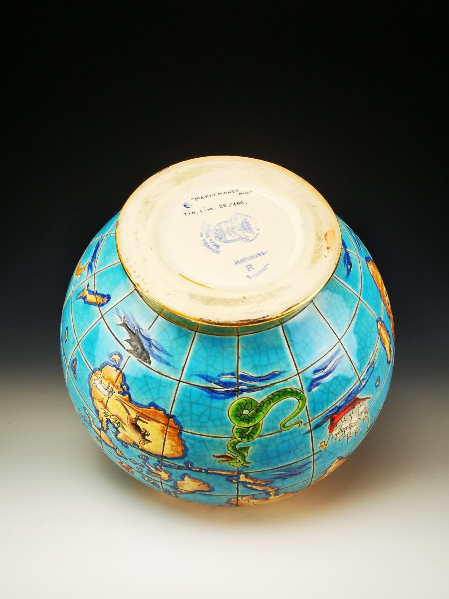 LONGWY - Vase Boule Coloniale "Mappemonde" -M.P Chevalier -Ø 25 cm -Tirage limité -Etat parfait-photo-2
