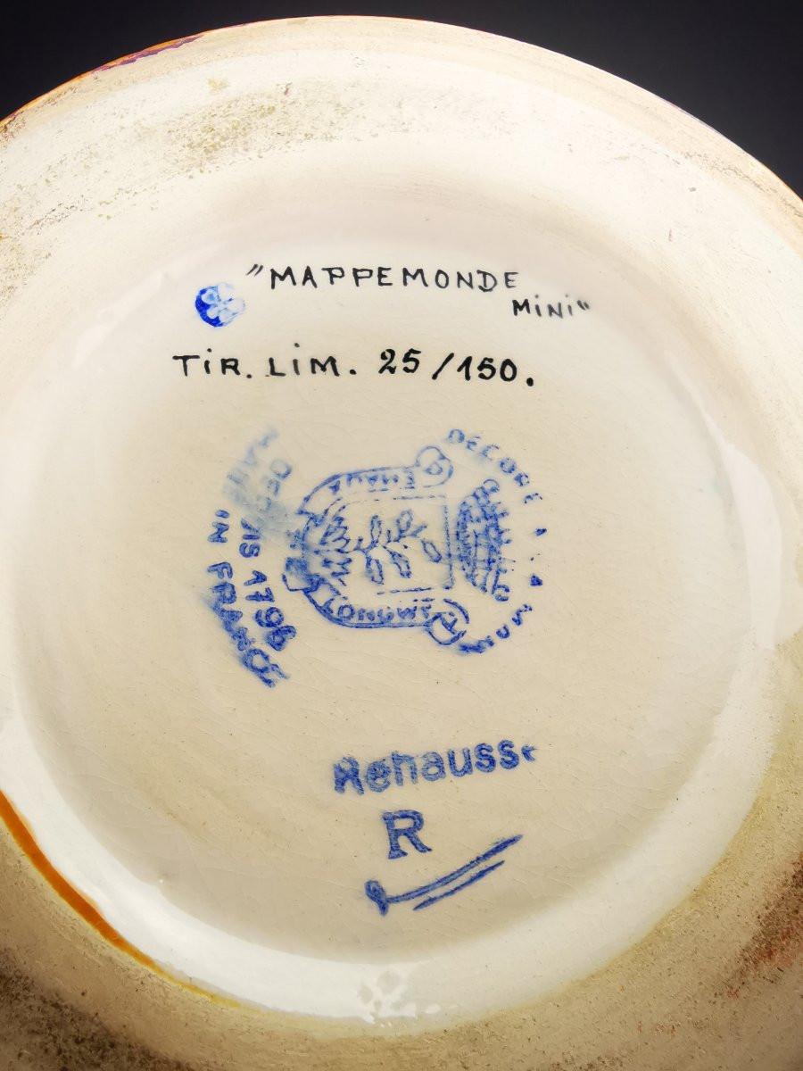 LONGWY - Vase Boule Coloniale "Mappemonde" -M.P Chevalier -Ø 25 cm -Tirage limité -Etat parfait-photo-3