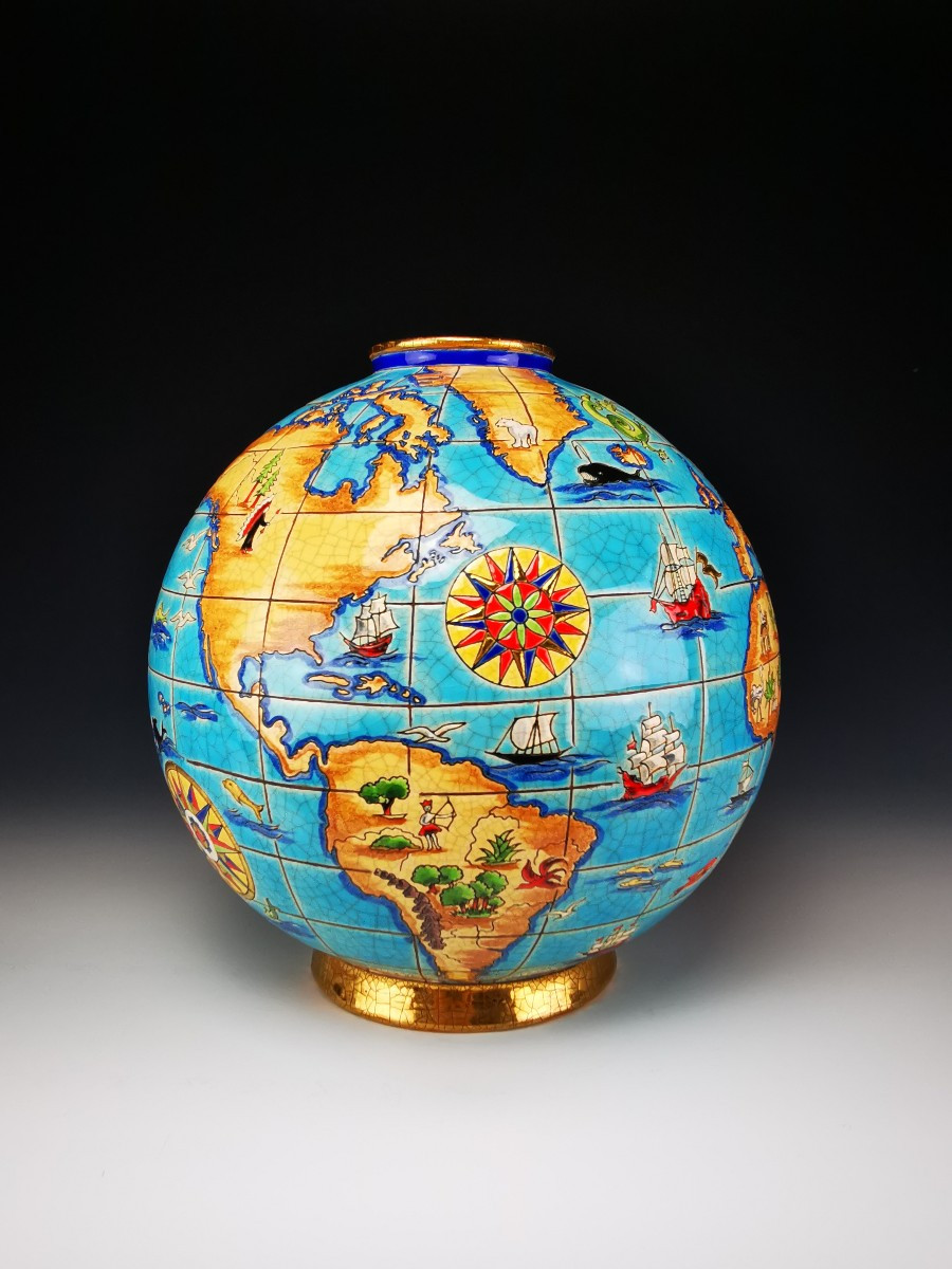 LONGWY - Vase Boule Coloniale "Mappemonde" -M.P Chevalier -Ø 25 cm -Tirage limité -Etat parfait