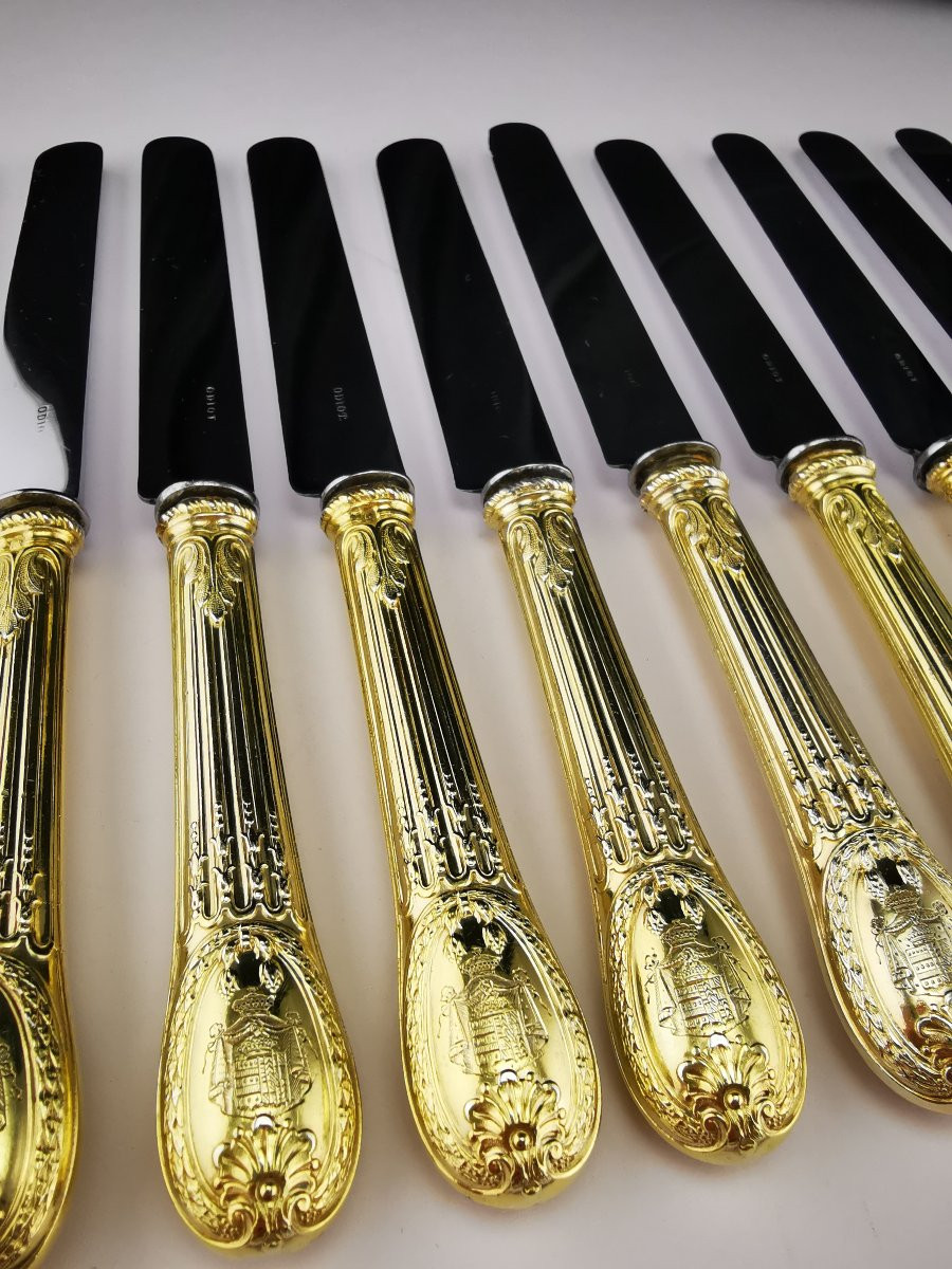 Odiot "louveciennes" - 12 Silver-gilt Dessert Knives - Coat Of Arms Of Uzes-photo-2