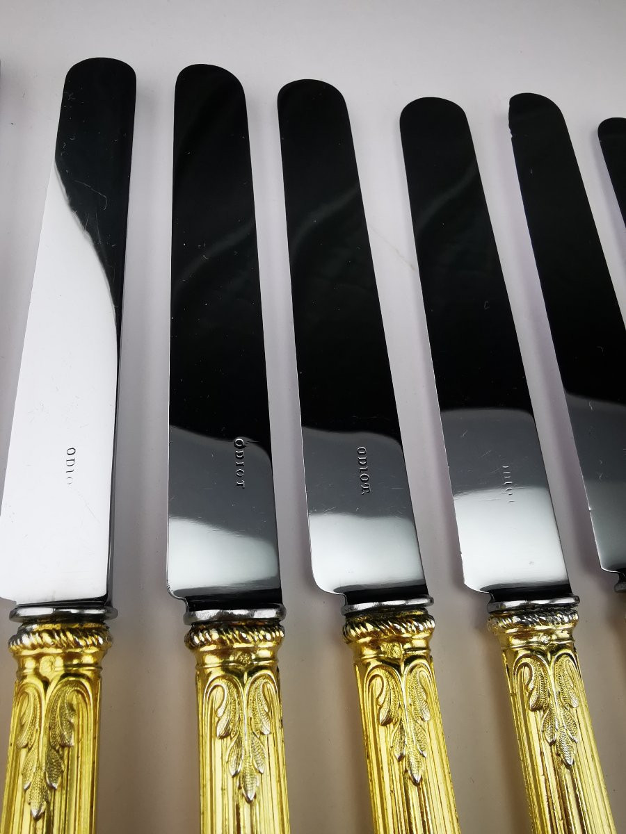 Odiot "louveciennes" - 12 Silver-gilt Dessert Knives - Coat Of Arms Of Uzes-photo-3