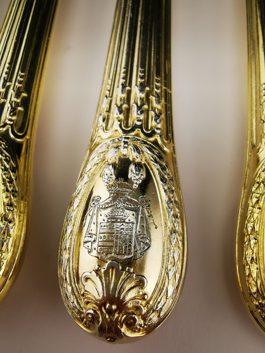 Odiot "louveciennes" - 12 Silver-gilt Dessert Knives - Coat Of Arms Of Uzes-photo-4