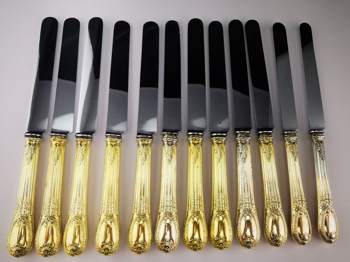 Odiot "louveciennes" - 12 Silver-gilt Dessert Knives - Coat Of Arms Of Uzes-photo-1