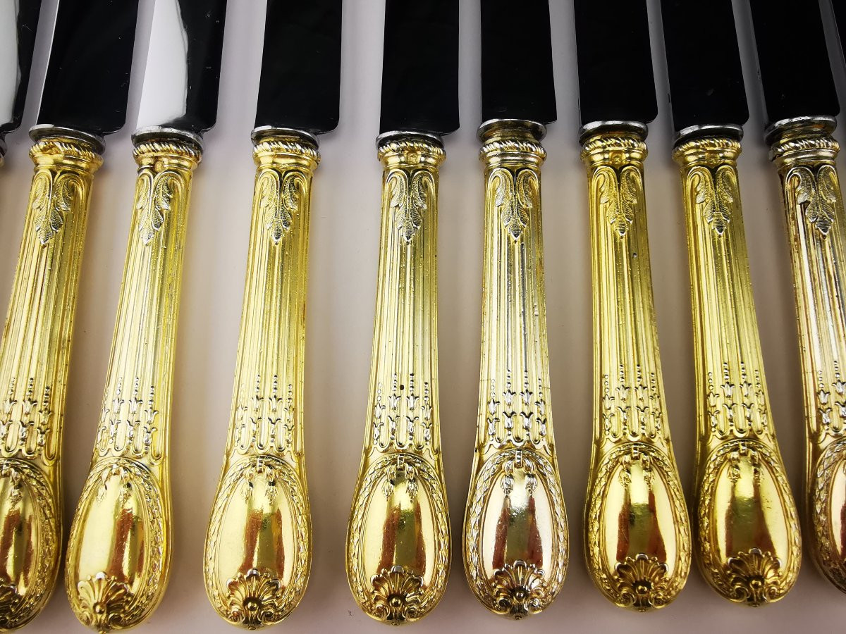 Odiot "louveciennes" - 12 Silver-gilt Dessert Knives - Coat Of Arms Of Uzes-photo-2