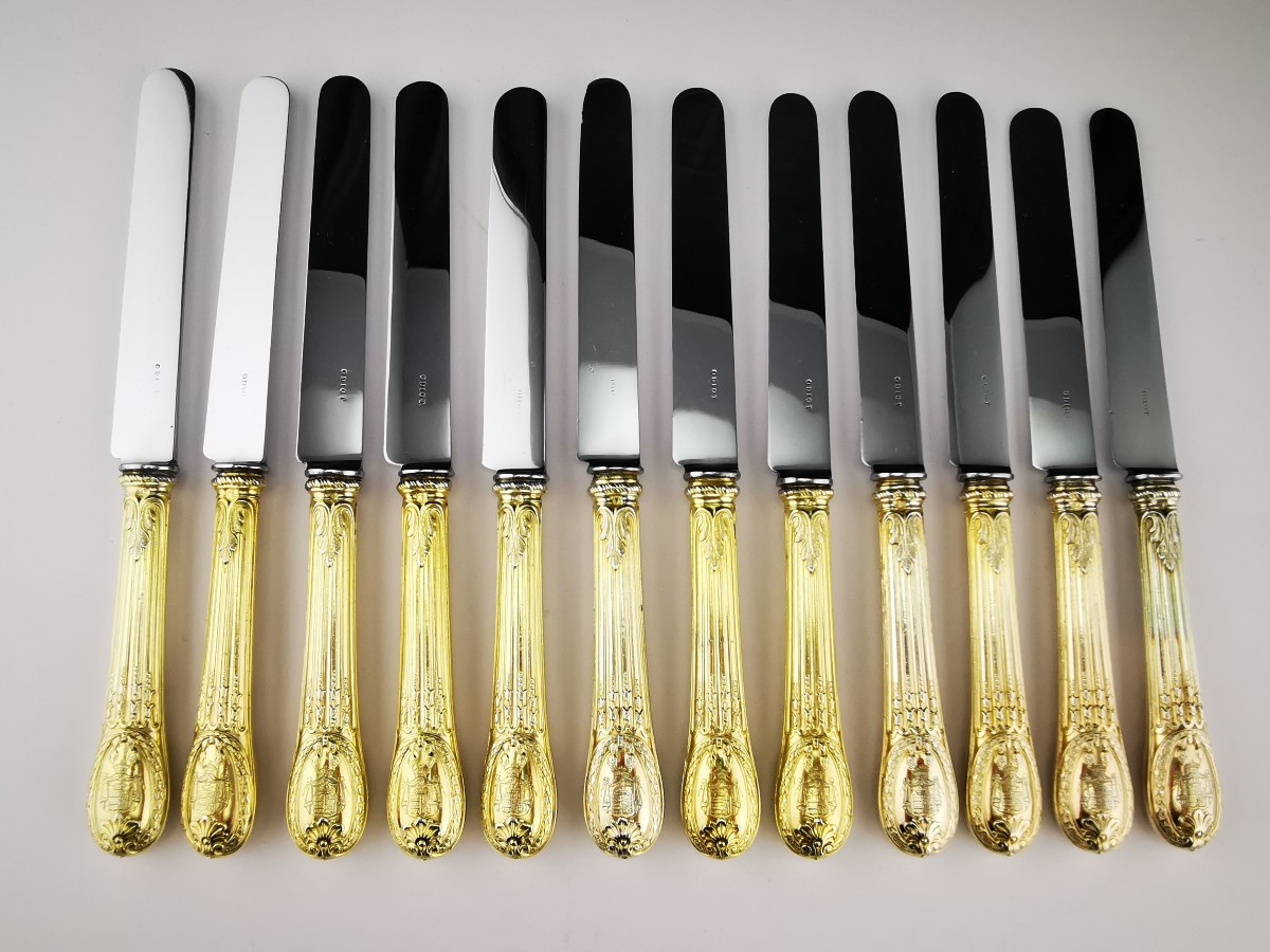 Odiot "louveciennes" - 12 Silver-gilt Dessert Knives - Coat Of Arms Of Uzes