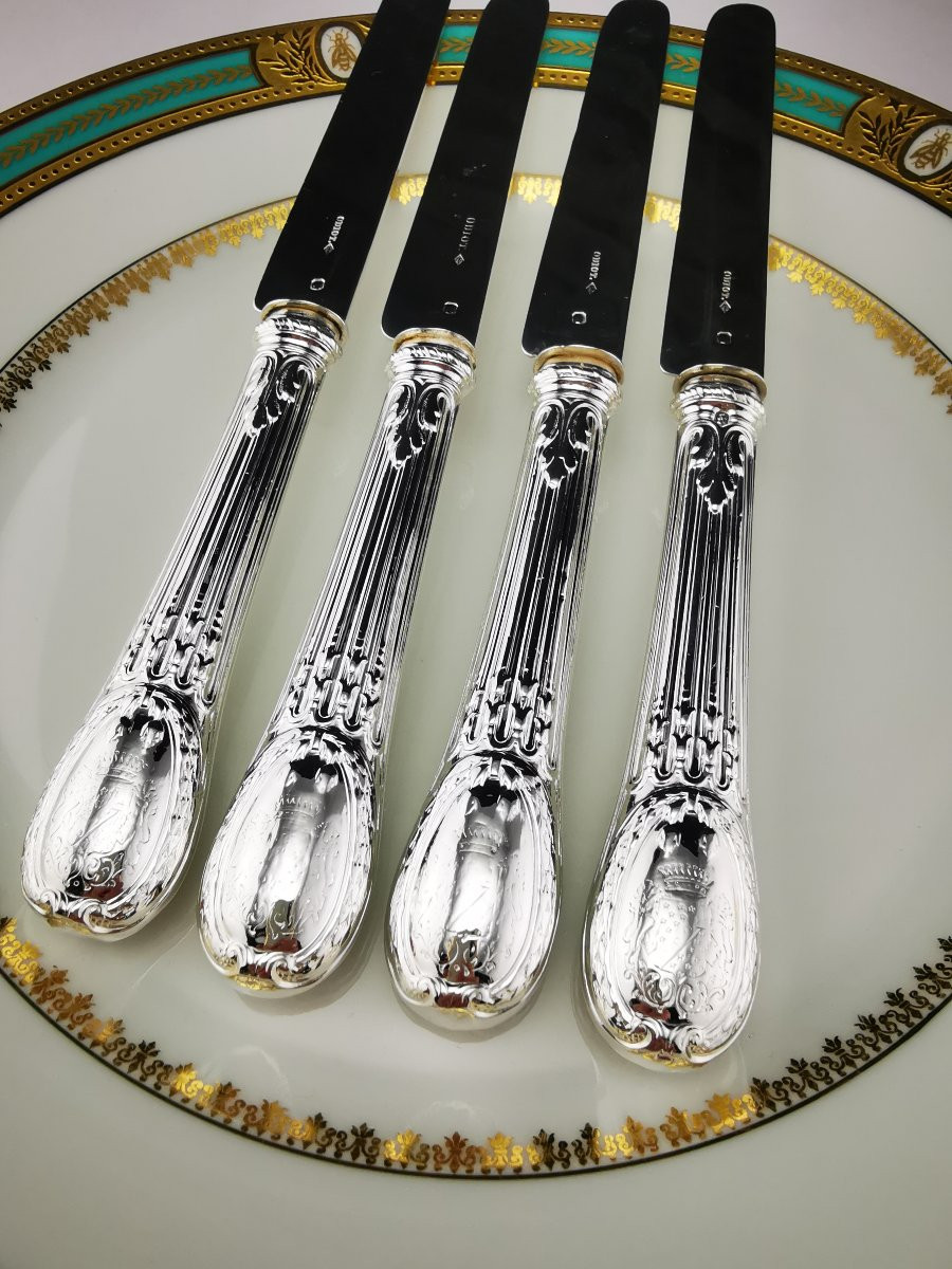 Odiot - "louveciennes" - 4 Dessert Knives (silver Blade) - Minerva Silver - De Foy Family-photo-2