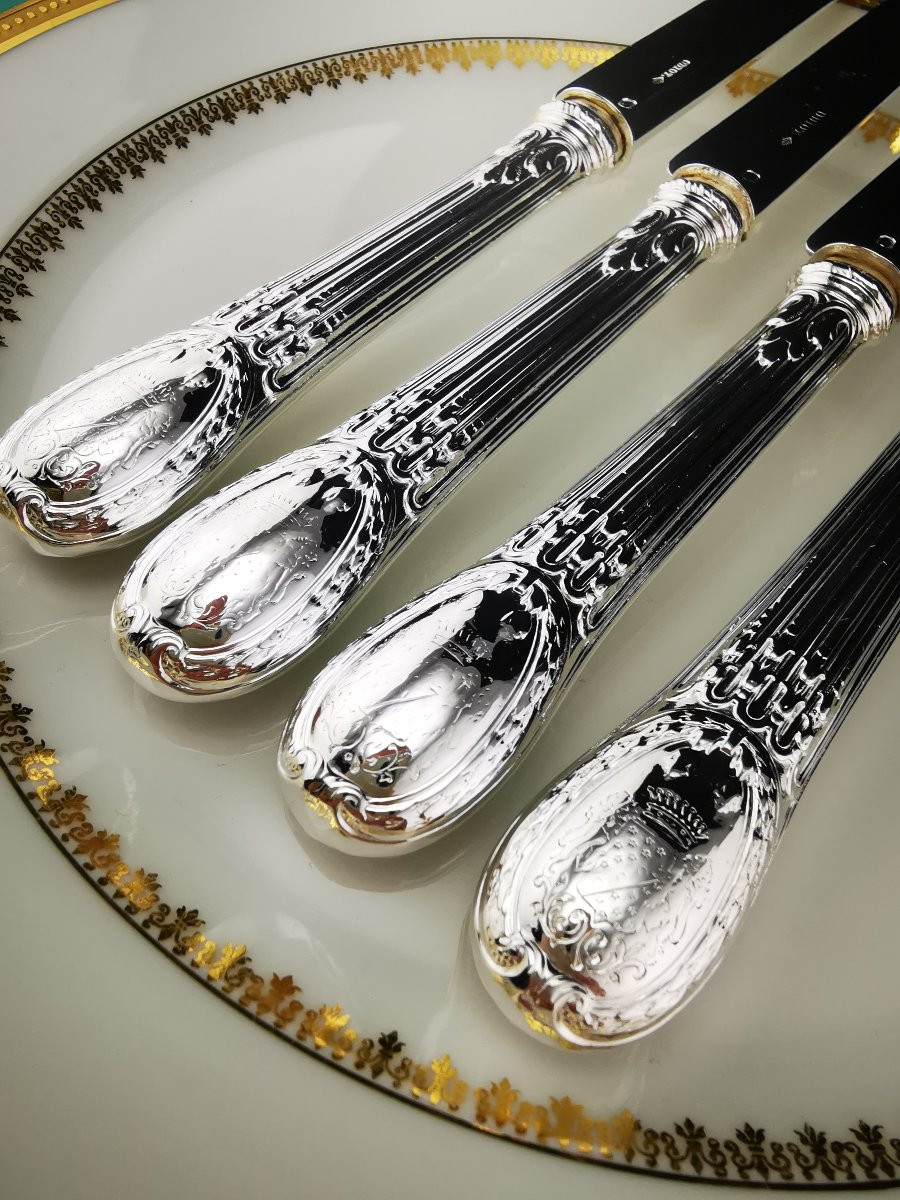 Odiot - "louveciennes" - 4 Dessert Knives (silver Blade) - Minerva Silver - De Foy Family-photo-4