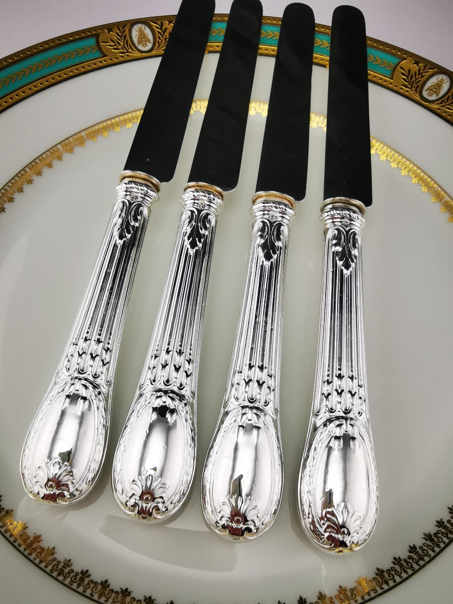 Odiot - "louveciennes" - 4 Dessert Knives (silver Blade) - Minerva Silver - De Foy Family-photo-6