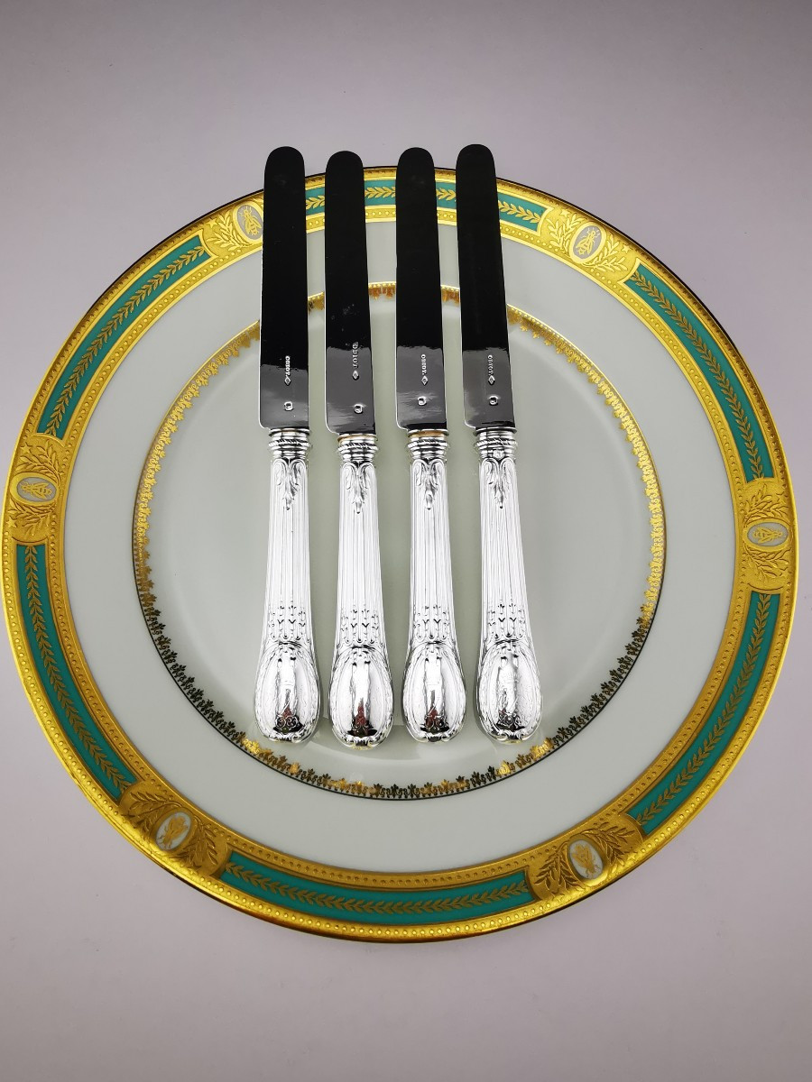 Odiot - "louveciennes" - 4 Dessert Knives (silver Blade) - Minerva Silver - De Foy Family