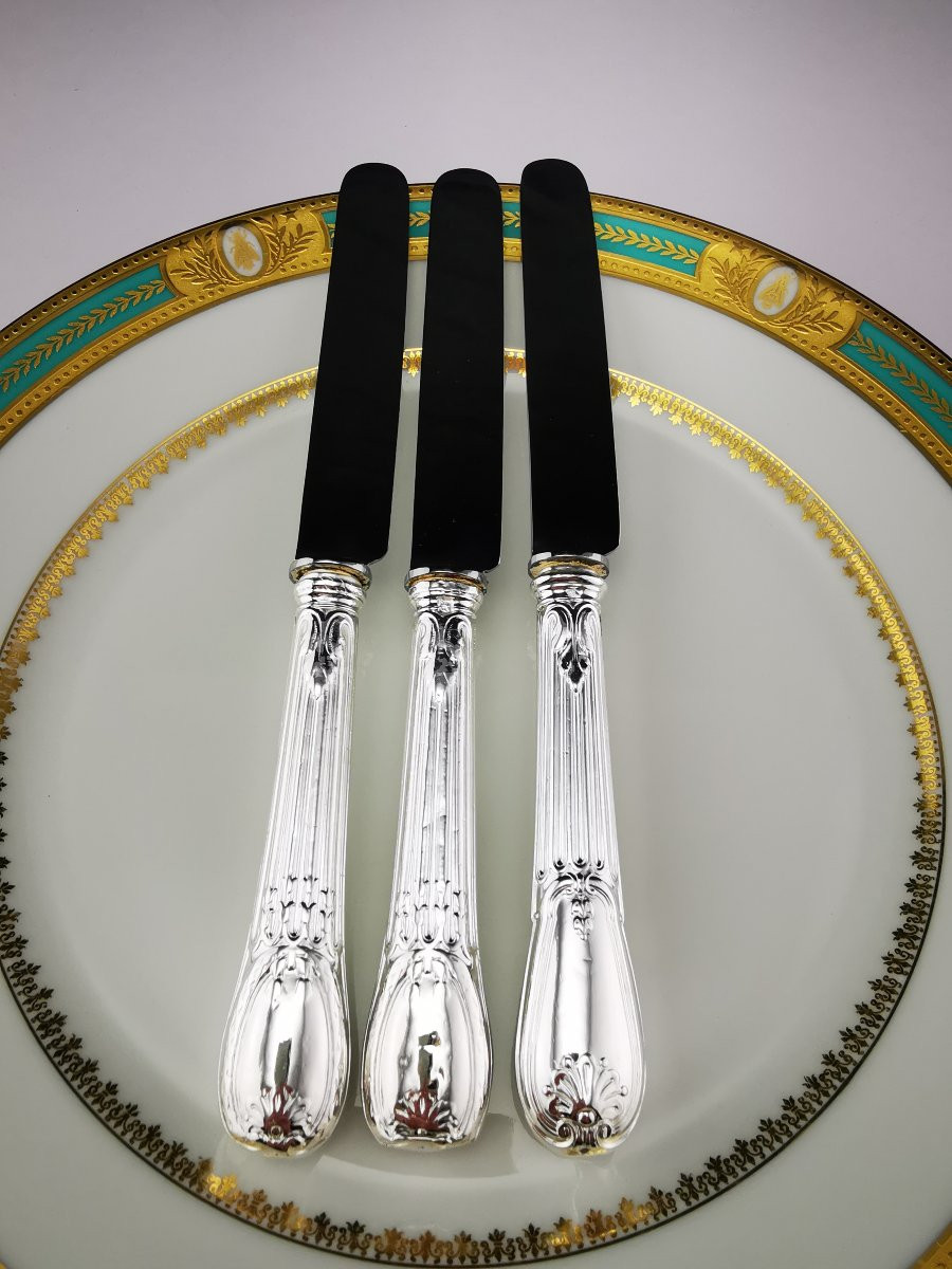Odiot - "louveciennes" - 3 Dessert Knives (steel Blade) - Minerva Silver - De Foy Family-photo-4
