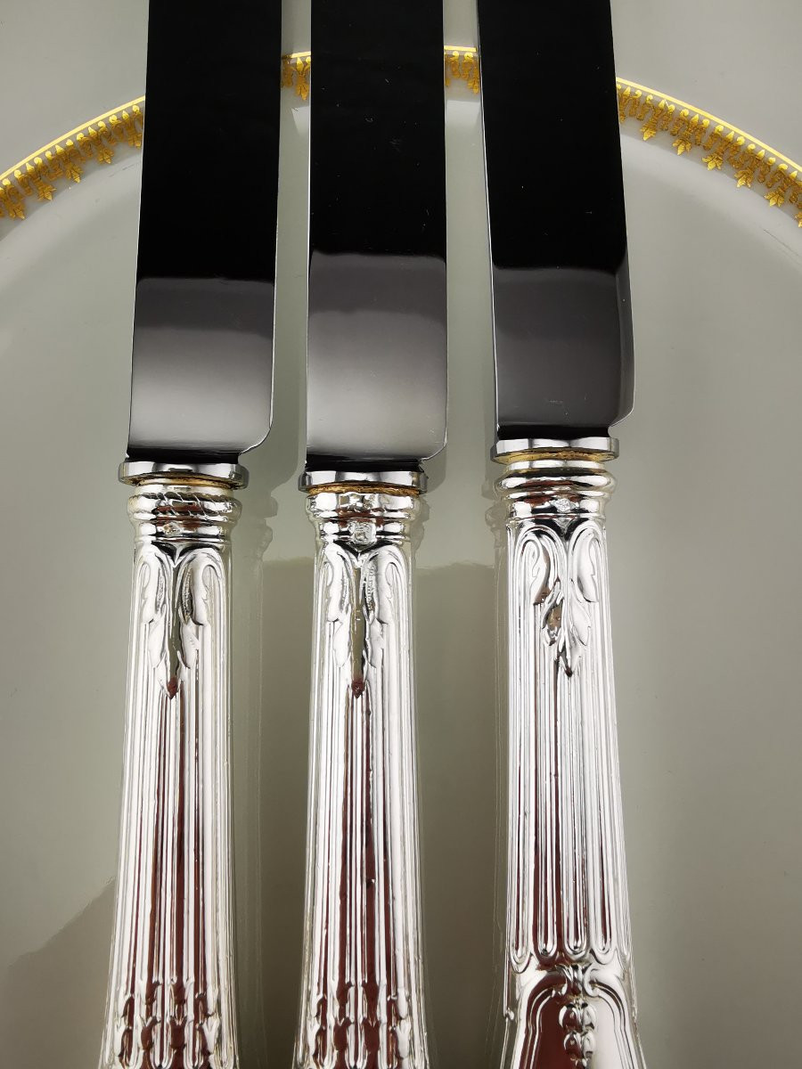 Odiot - "louveciennes" - 3 Dessert Knives (steel Blade) - Minerva Silver - De Foy Family-photo-5
