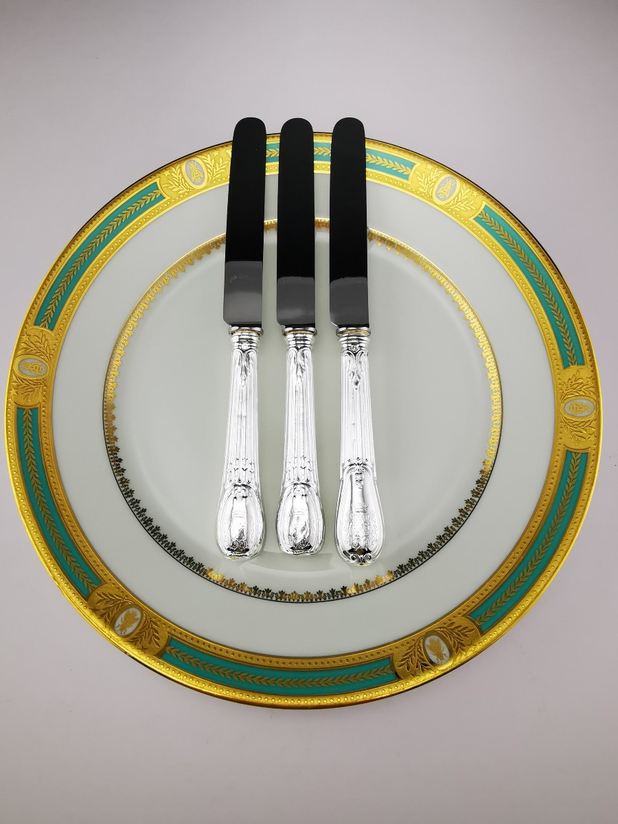 Odiot - "louveciennes" - 3 Dessert Knives (steel Blade) - Minerva Silver - De Foy Family