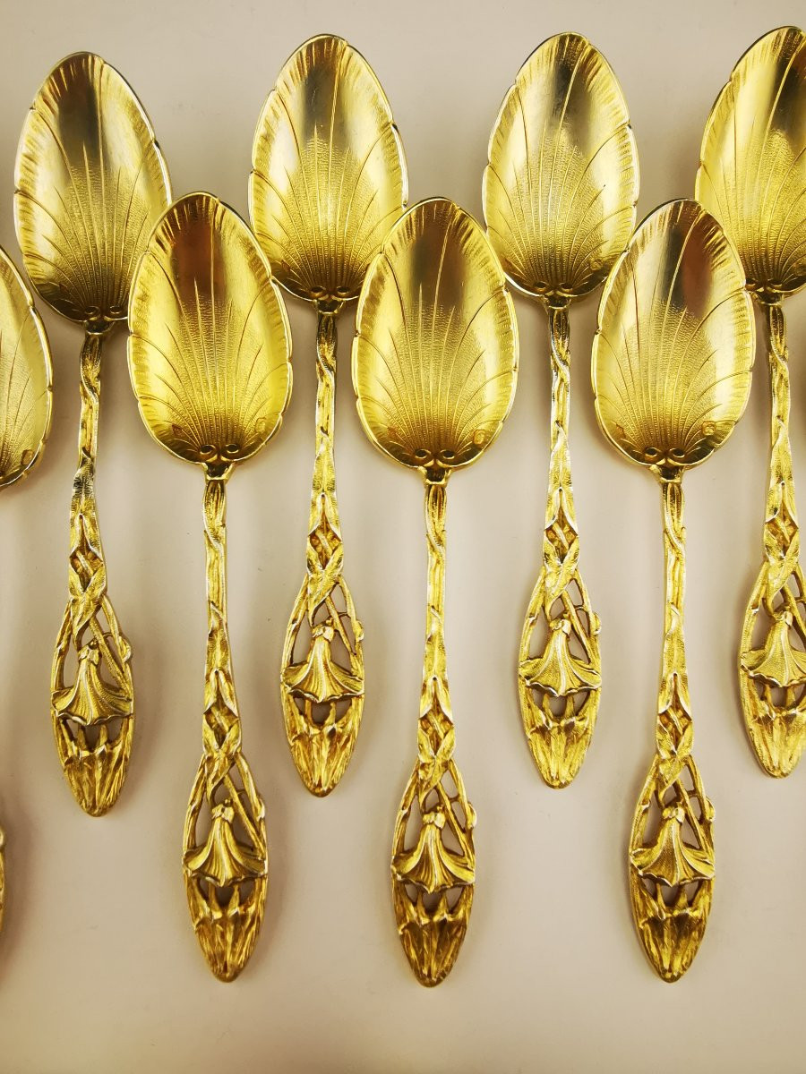 P. Canaux - Floral Tea Service - Art Nouveau - Silver Vermeil - 14 Pcs-photo-3