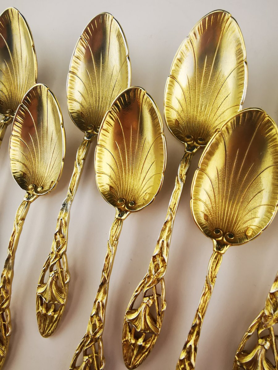 P. Canaux - Floral Tea Service - Art Nouveau - Silver Vermeil - 14 Pcs-photo-4