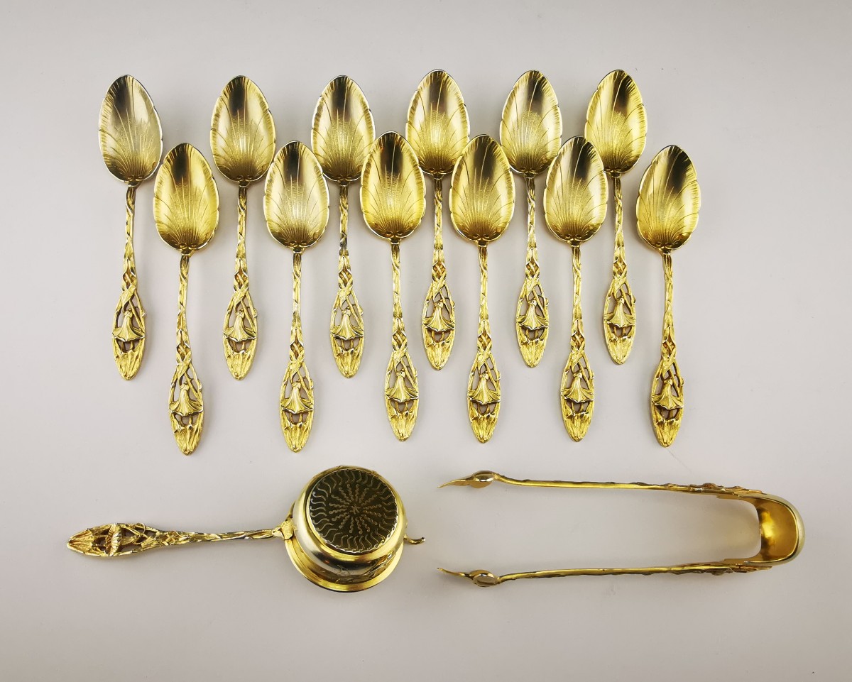 P. Canaux - Floral Tea Service - Art Nouveau - Silver Vermeil - 14 Pcs