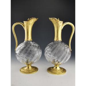 Odiot - Pair Of Crystal And Vermeil Ewers
