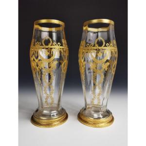 Paire De Grands Vases Rouleau En Cristal - Monture Bronze/laiton doré - 