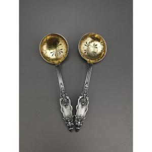 Puiforcat "acanthus" - 2 Sugar Spoons - Silver Minerve Vermeil