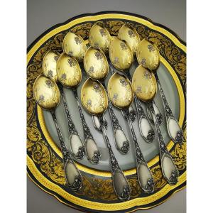 Puiforcat "IRIS" - 12 Pelles à Glace et 2 pcs de Service Argent Massif Vermeil