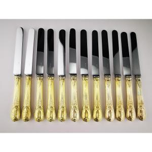 ODIOT "Louveciennes" - 12 Couteaux à dessert en argent vermeil - Armoiries UZES