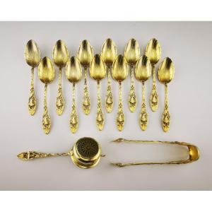 P. Canaux - Floral Tea Service - Art Nouveau - Silver Vermeil - 14 Pcs