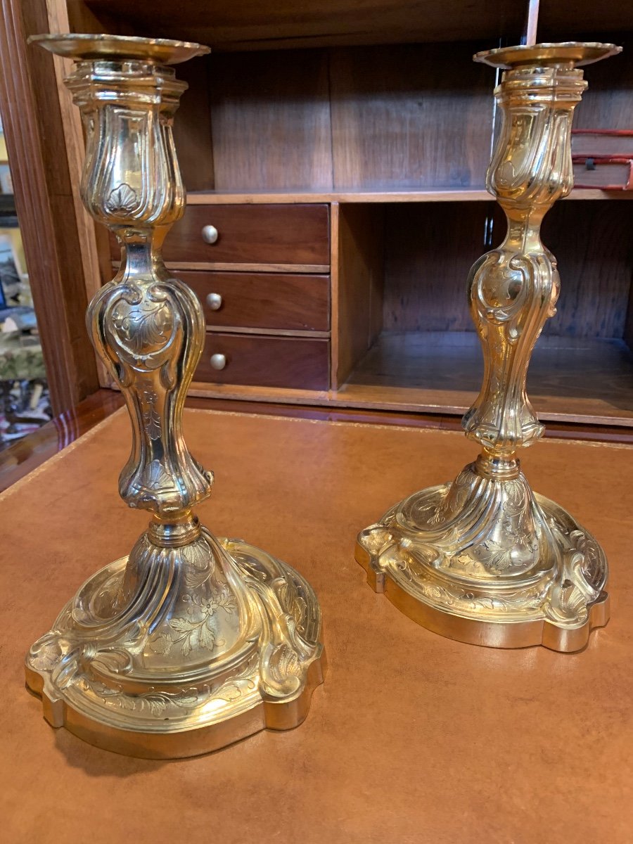 Pair Of Louis XV Candlesticks In Gilt Bronze-photo-2