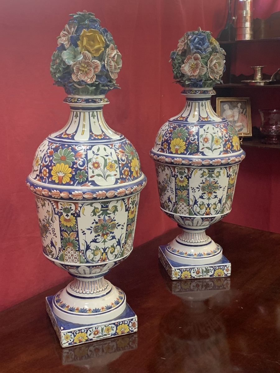 Pair Of Large Flower Pots With Polychrome Decor -photo-2