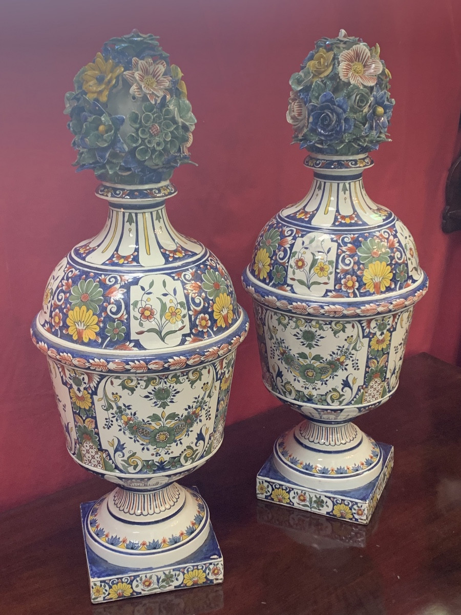 Pair Of Large Flower Pots With Polychrome Decor -photo-5