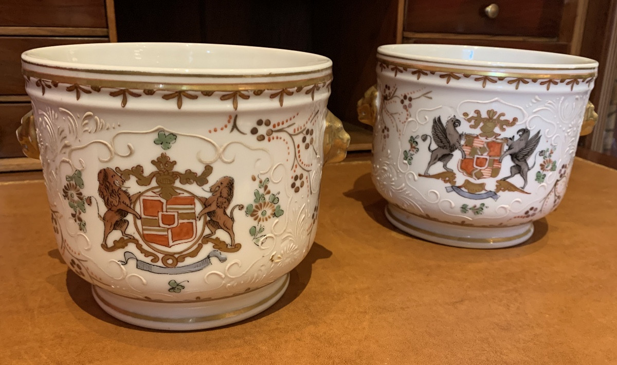 Pair Of Coat-of-arms Porcelain Planters