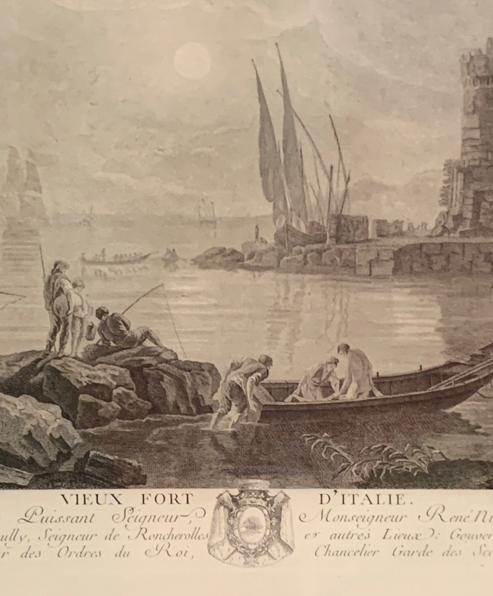 Large Engraving By J Vernet From 1773: Old Port Of Italy-photo-3