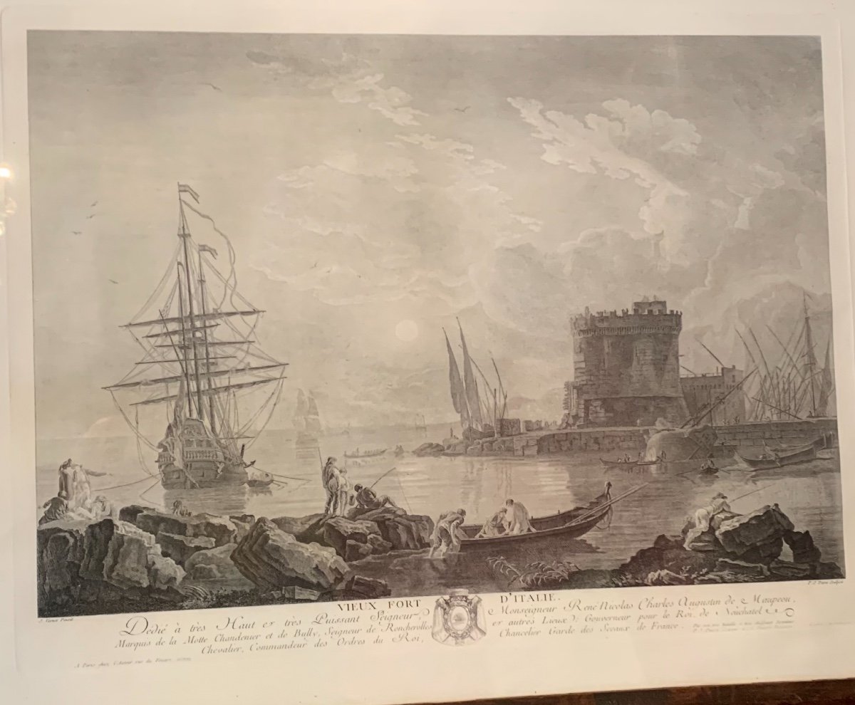 Large Engraving By J Vernet From 1773: Old Port Of Italy