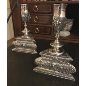 Pair Of Silver-plated Bronze Candlesticks 