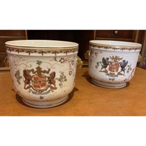 Pair Of Coat-of-arms Porcelain Planters