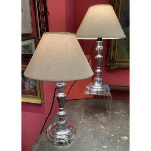 Pair Of Candlesticks Mounted As Lamps 