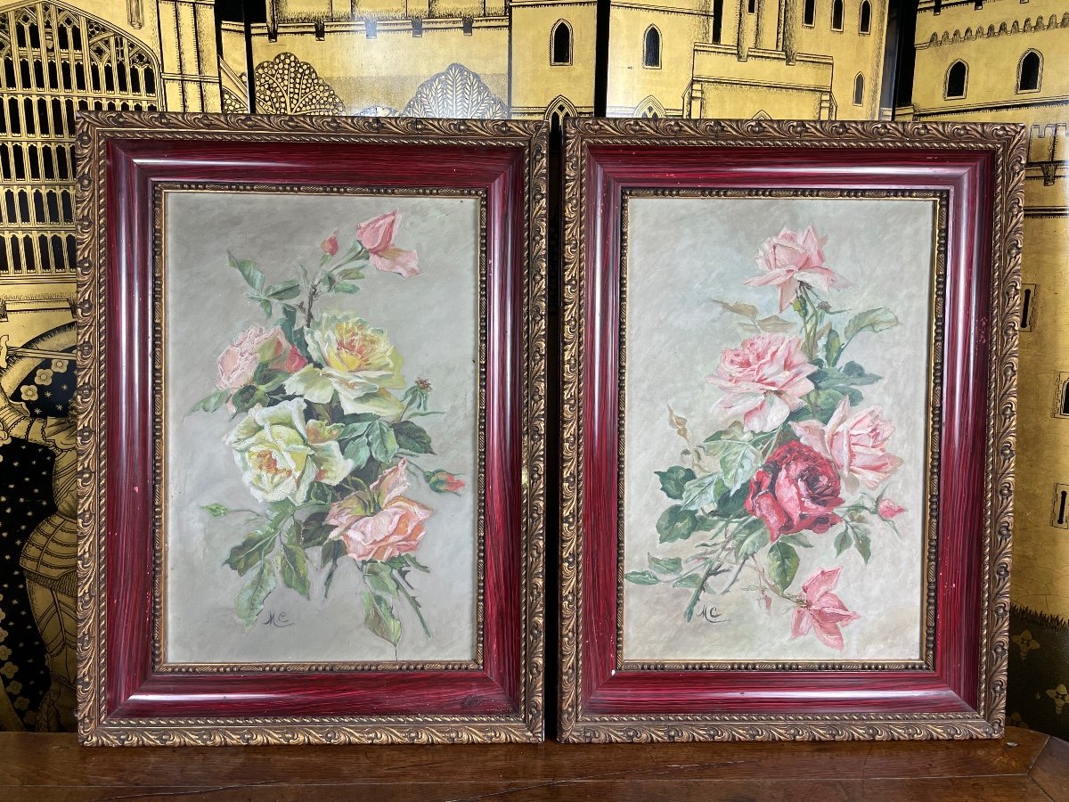 Paire D’huiles  « Bouquets de roses » 1900