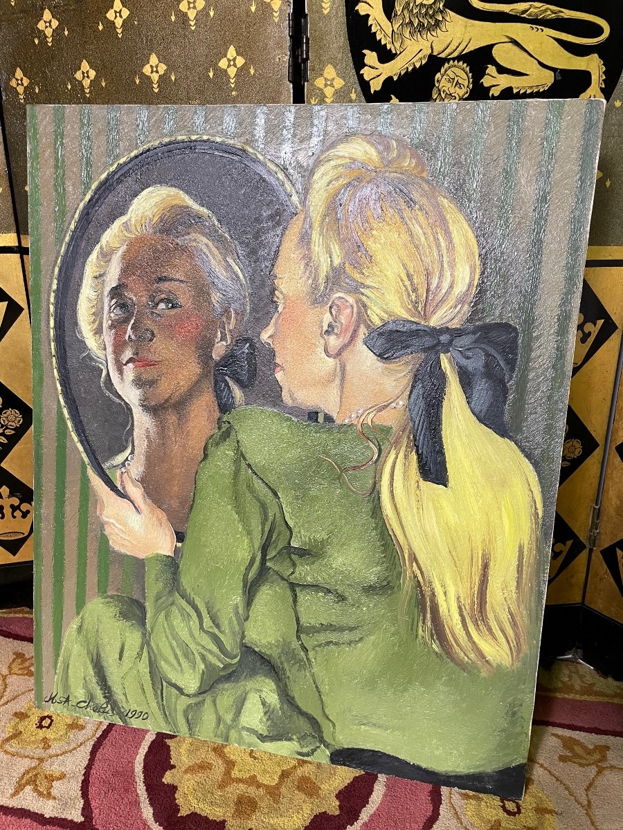 Huile Sur Toile « portrait De Femme » Signé Marie-antoinette Chalus 1990