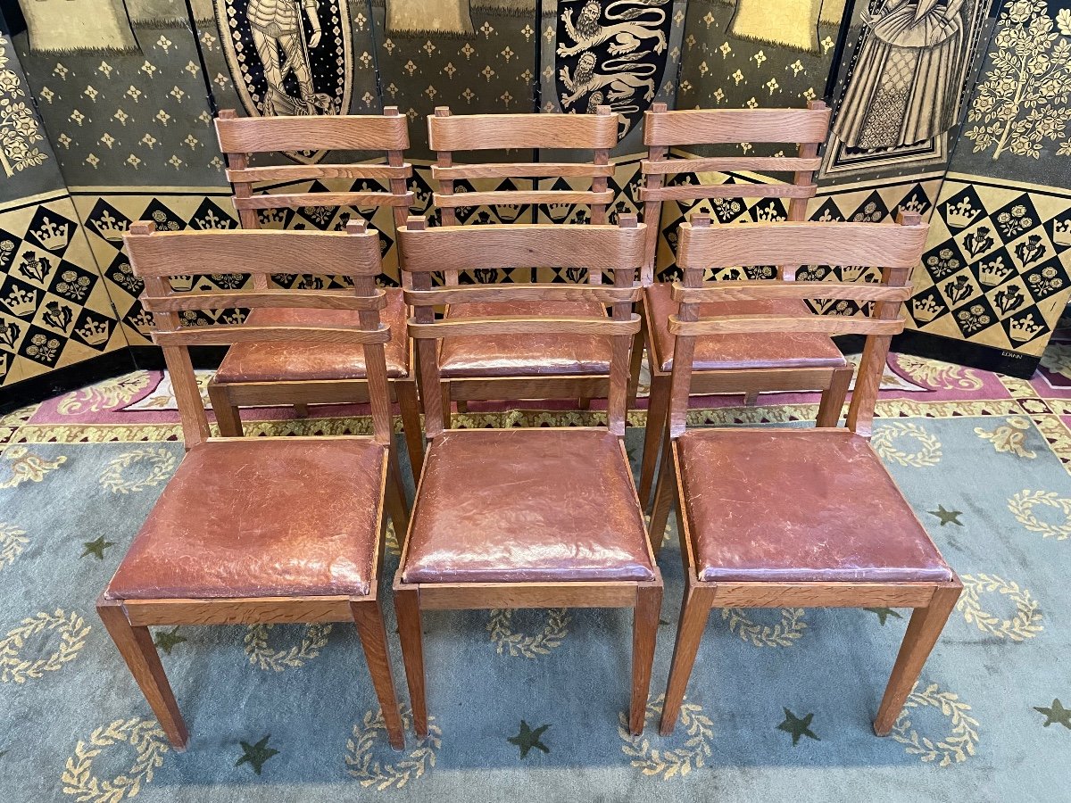 Suite De 6 Chaises En Chêne Et Cuir 1950 « Art Déco »-photo-2