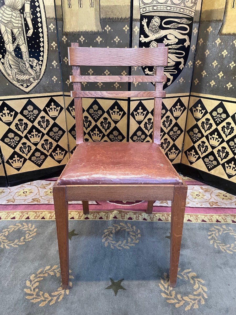 Suite De 6 Chaises En Chêne Et Cuir 1950 « Art Déco »-photo-5